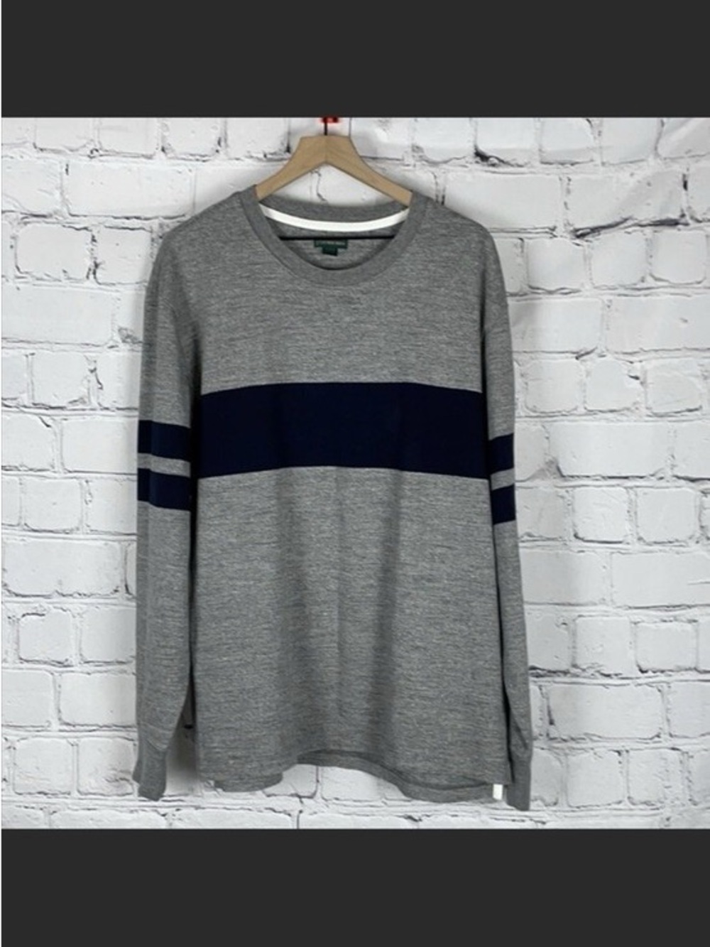 Men's Grey Long-Sleeve Crewneck Sweater with Navy Stripe